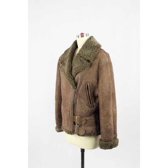 Vintage 90's ALDO Brown Sheepskin Leather Shearling Moto Biker Jacket, Size M - Picture 4 of 16